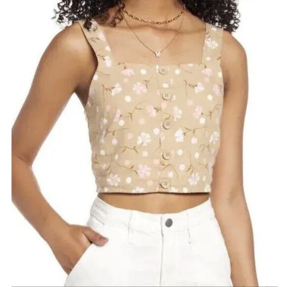 BP. Women's Button Front Linen Blend Tank Floral Crop Top - Picture 1 of 5